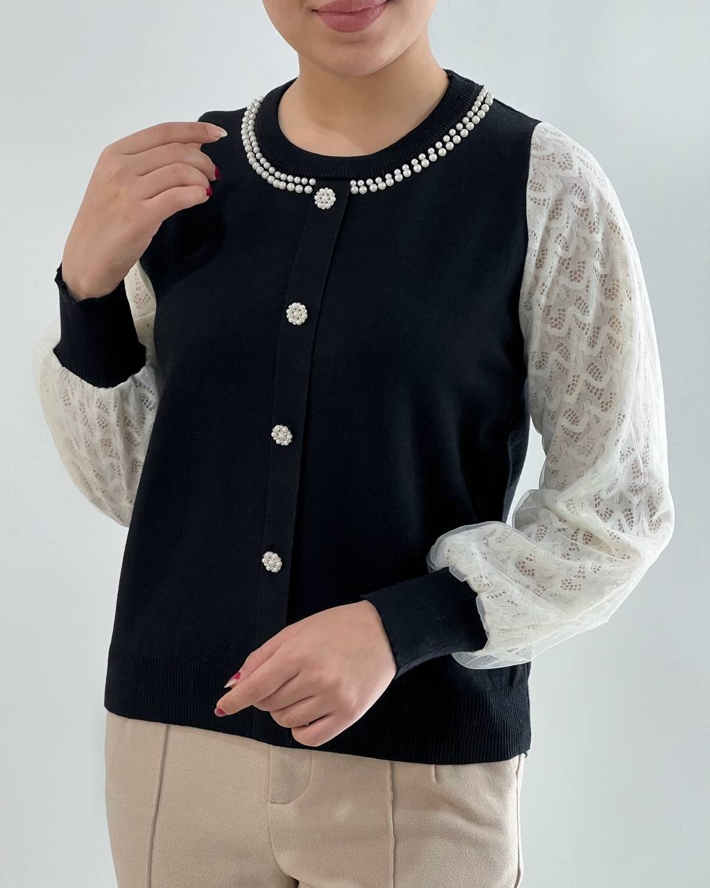 پلیور بافت آستین تور و گیپور یقه مروارید کد 4314