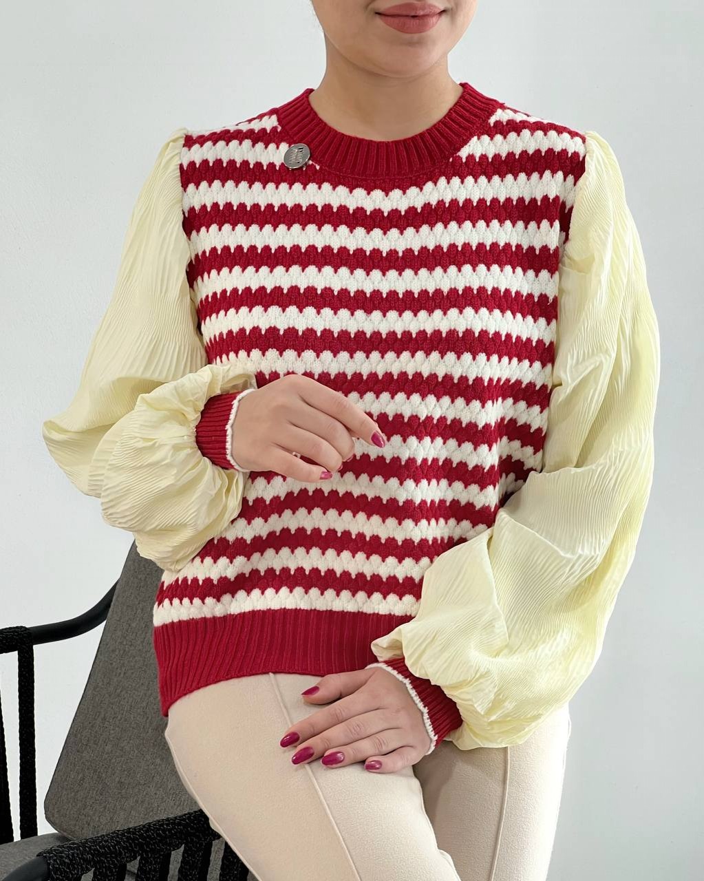 پلیور بافت آستین پلیسه سه رنگ کد 4330