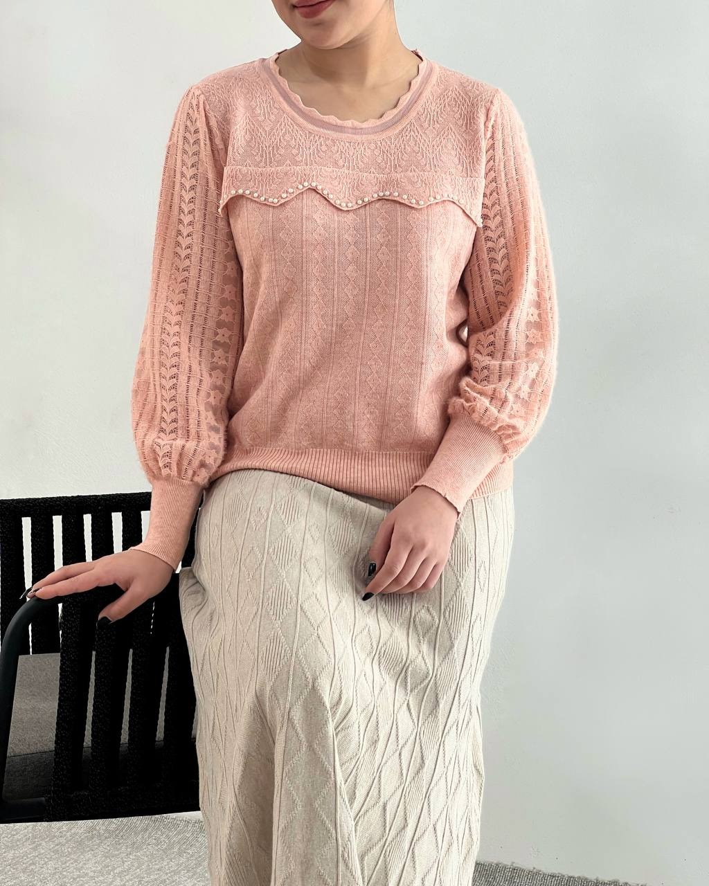 پلیور بافت آستین گیپور جلو مروارید کد 4345