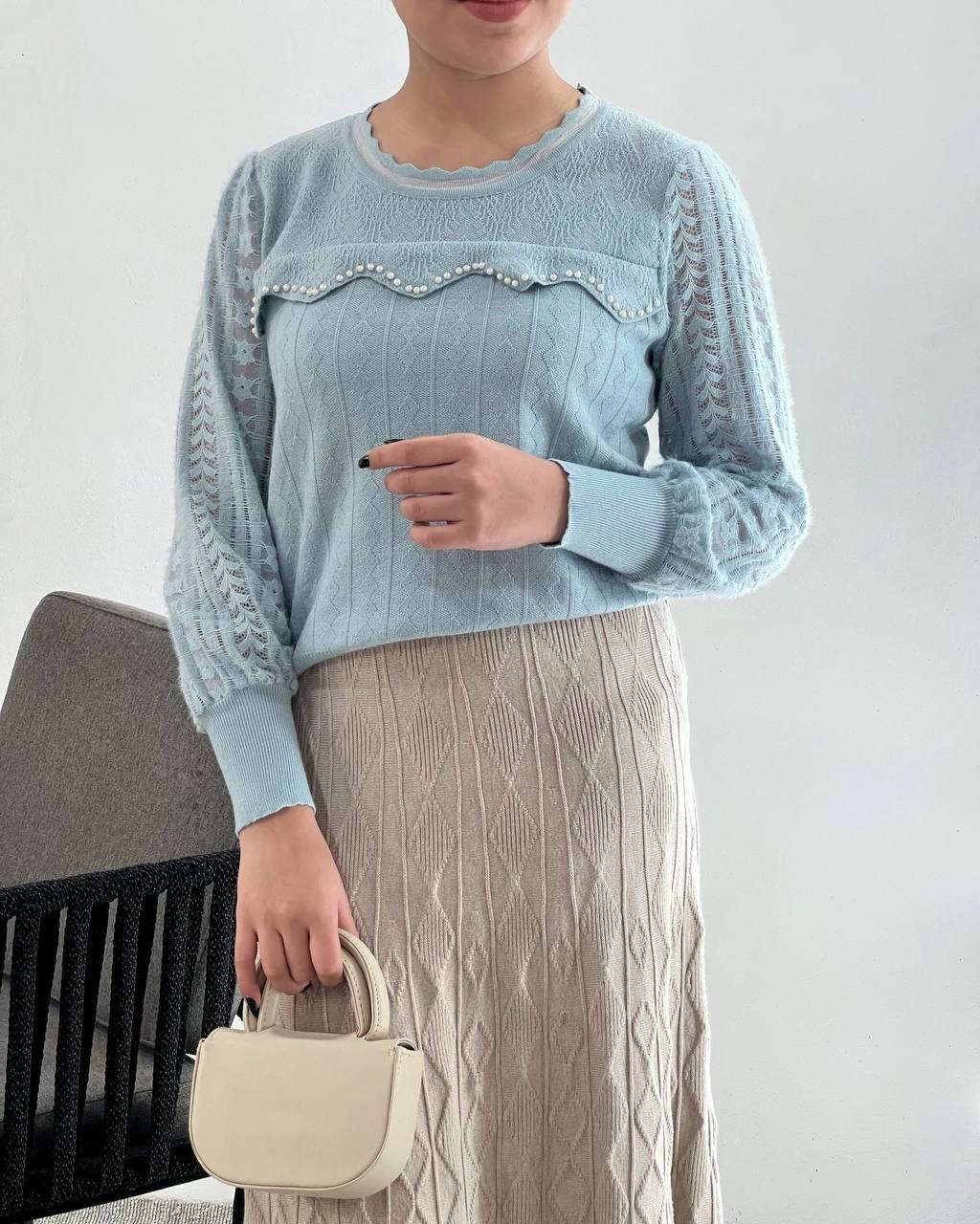 پلیور بافت آستین گیپور جلو مروارید کد 4345