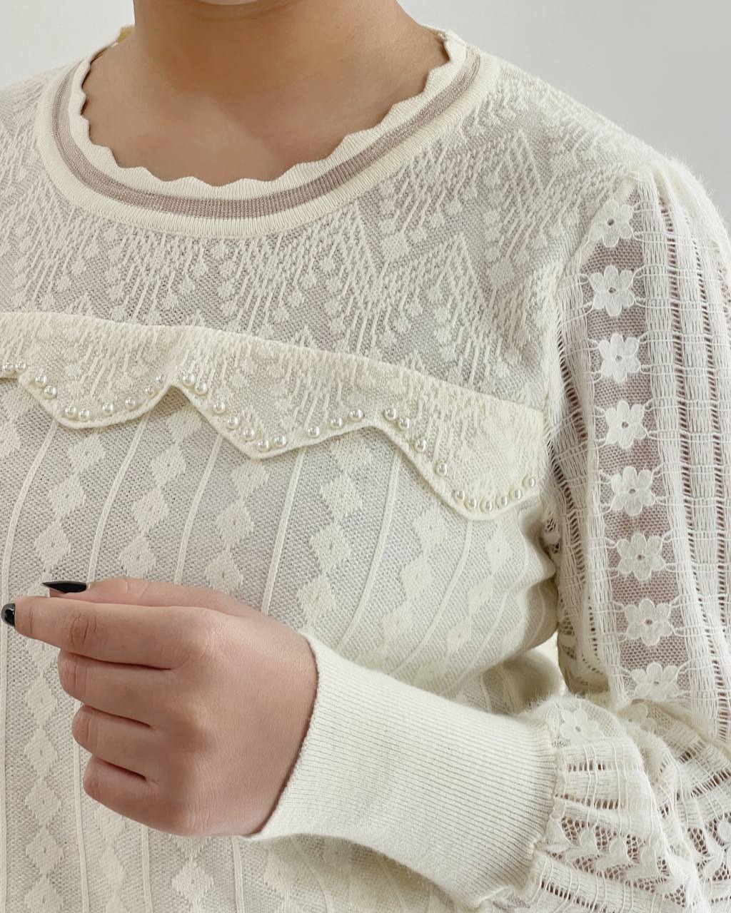 پلیور بافت آستین گیپور جلو مروارید کد 4345