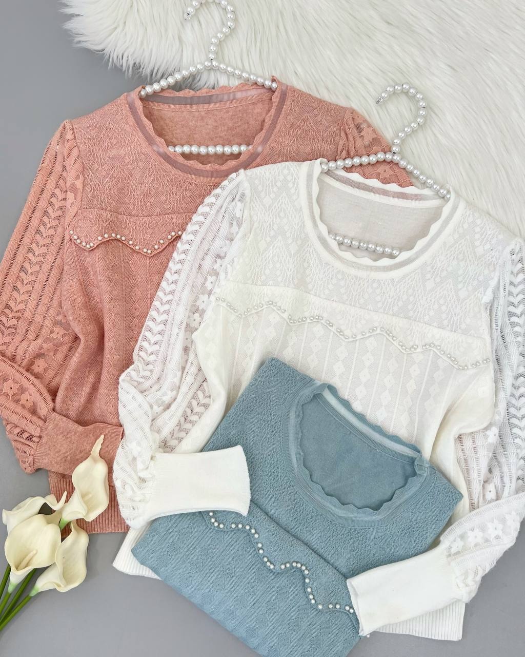 پلیور بافت آستین گیپور جلو مروارید کد 4345