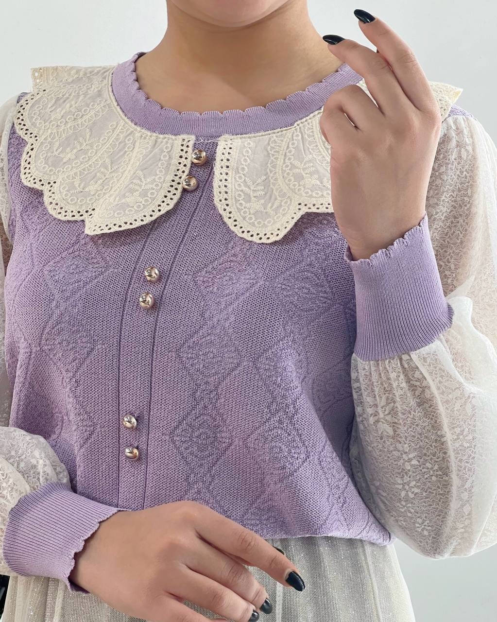 پلیور بافت یقه خامه دوزی آستین گیپور کد 4347