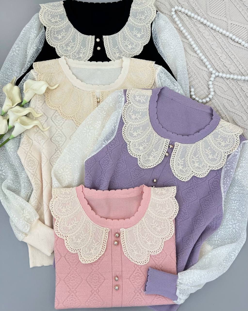 پلیور بافت یقه خامه دوزی آستین گیپور کد 4347