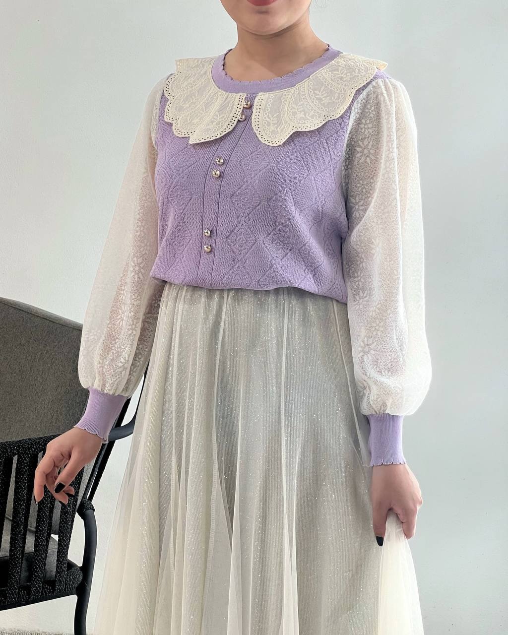 پلیور بافت یقه خامه دوزی آستین گیپور کد 4347