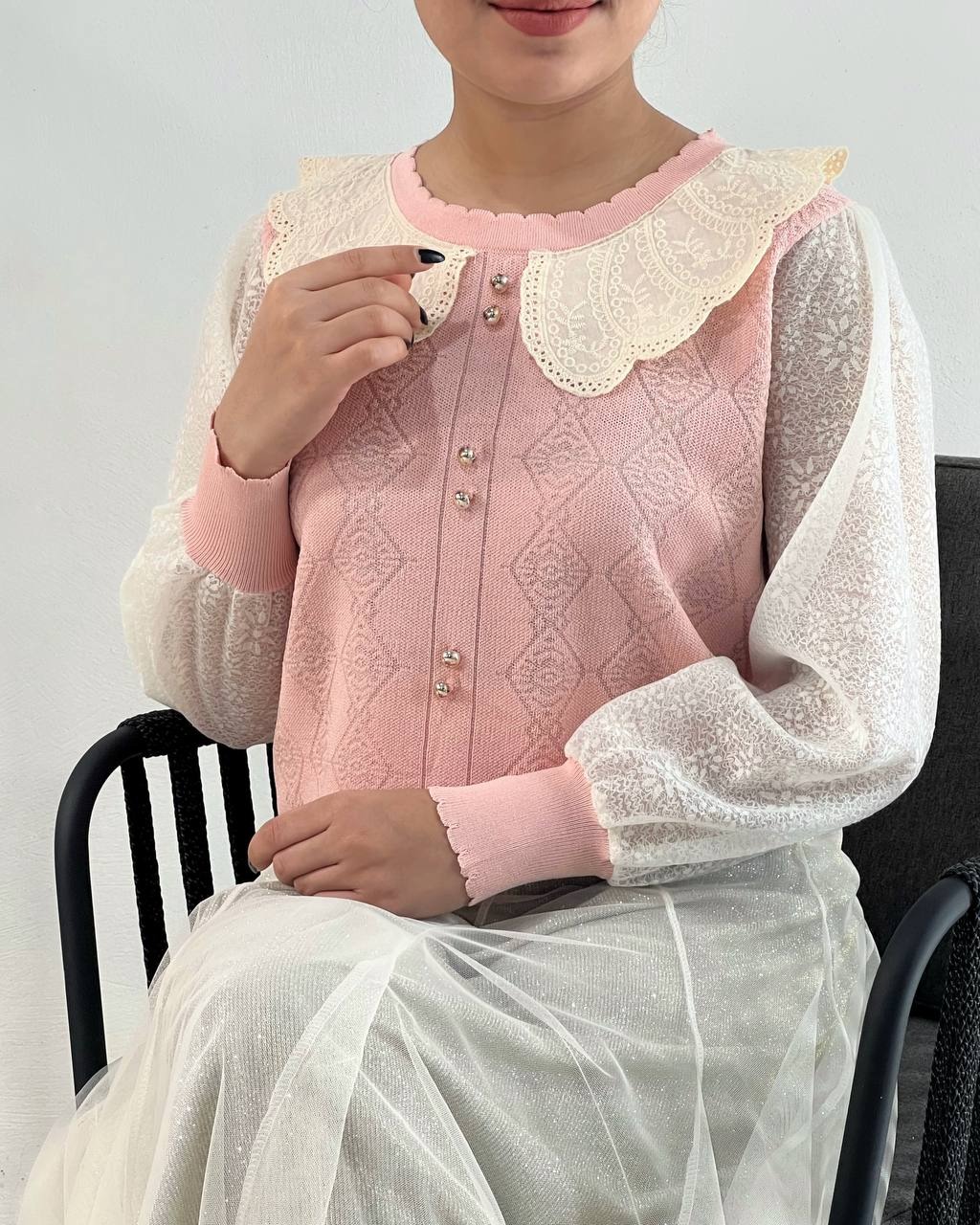 پلیور بافت یقه خامه دوزی آستین گیپور کد 4347