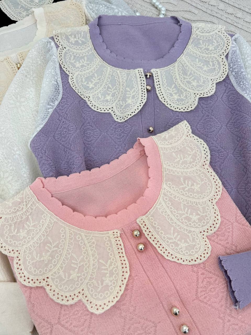 پلیور بافت یقه خامه دوزی آستین گیپور کد 4347