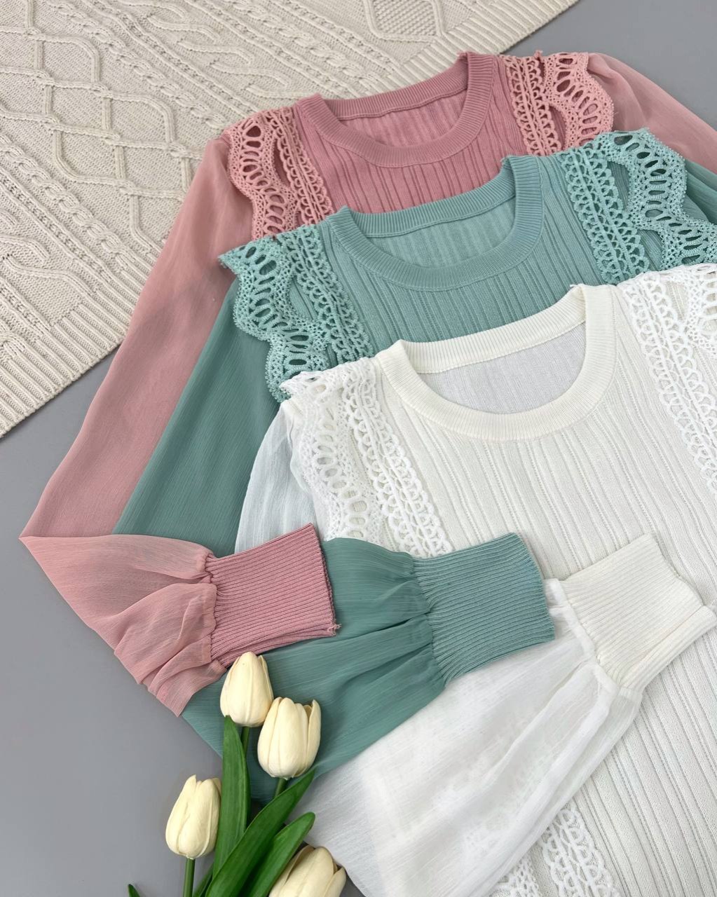 پلیور بافت جلو دانتل آستین حریر کد 4349