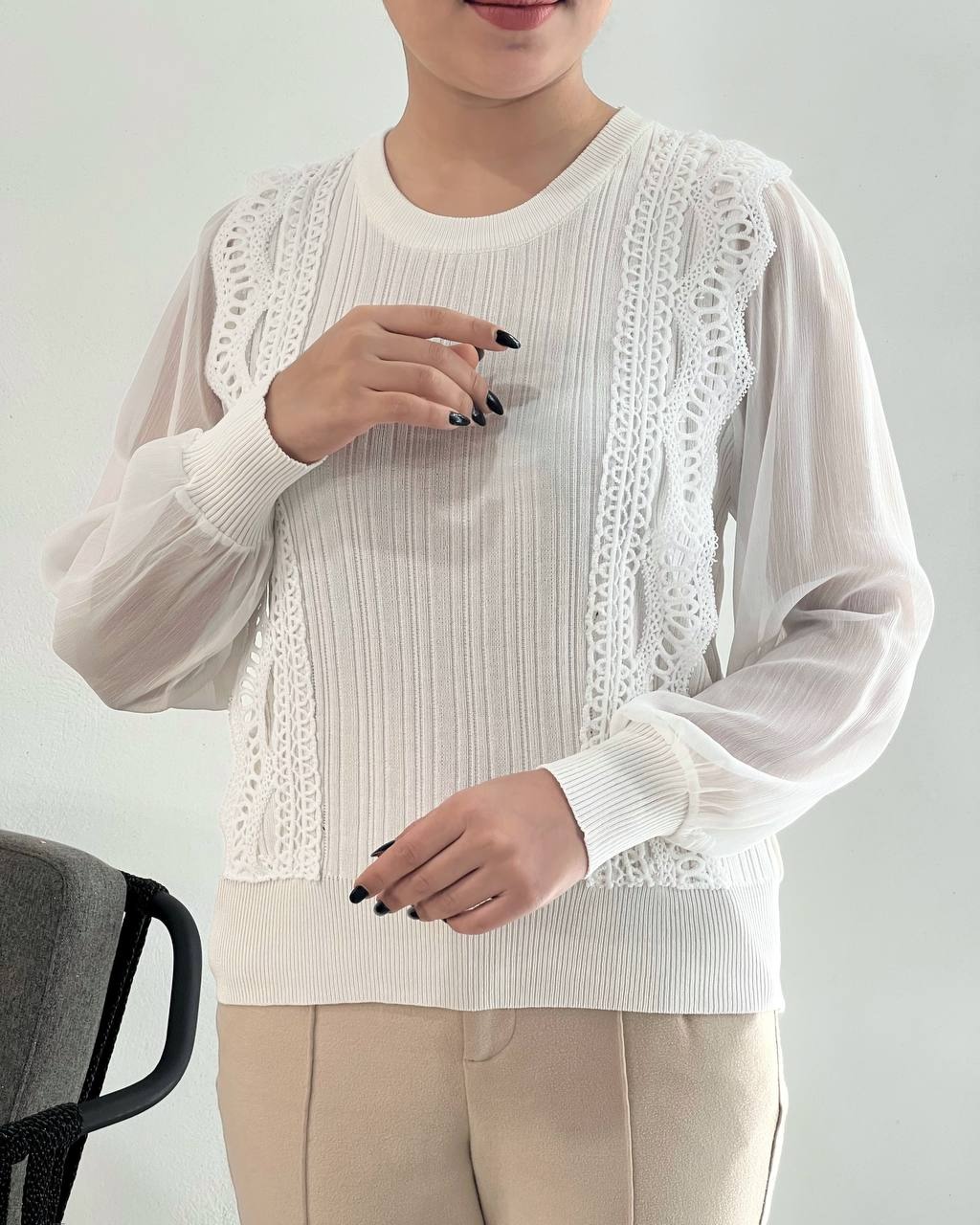 پلیور بافت جلو دانتل آستین حریر کد 4349