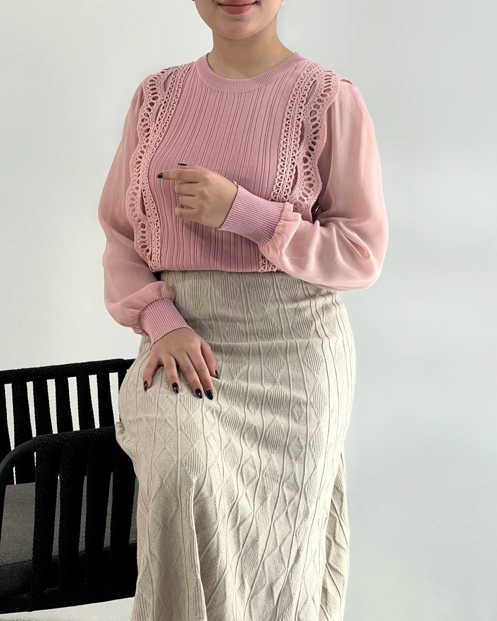 پلیور بافت جلو دانتل آستین حریر کد 4349