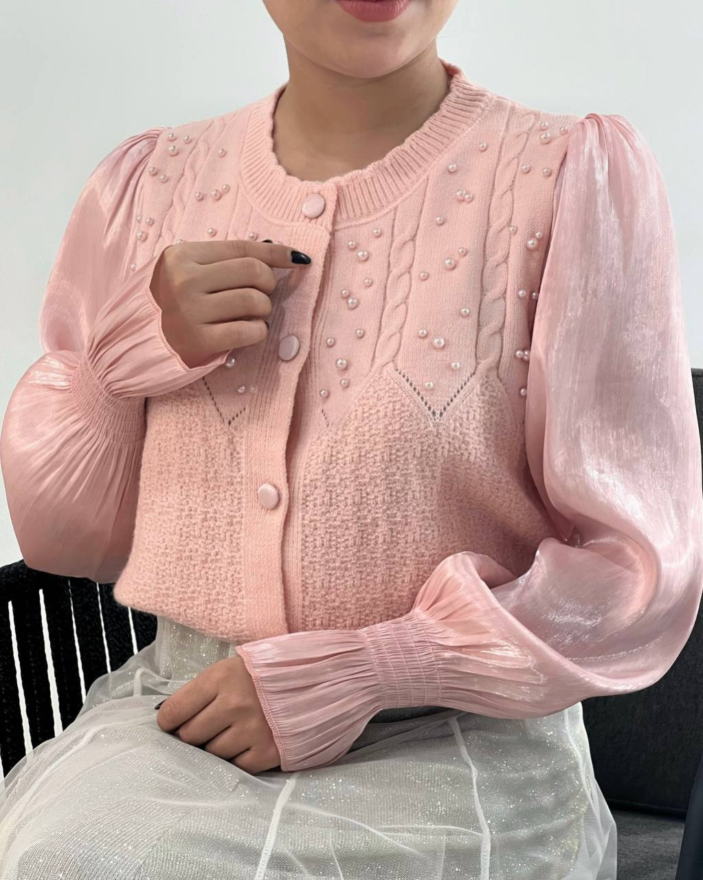 ژاکت بافت جلو دکمه مروارید کد 4357