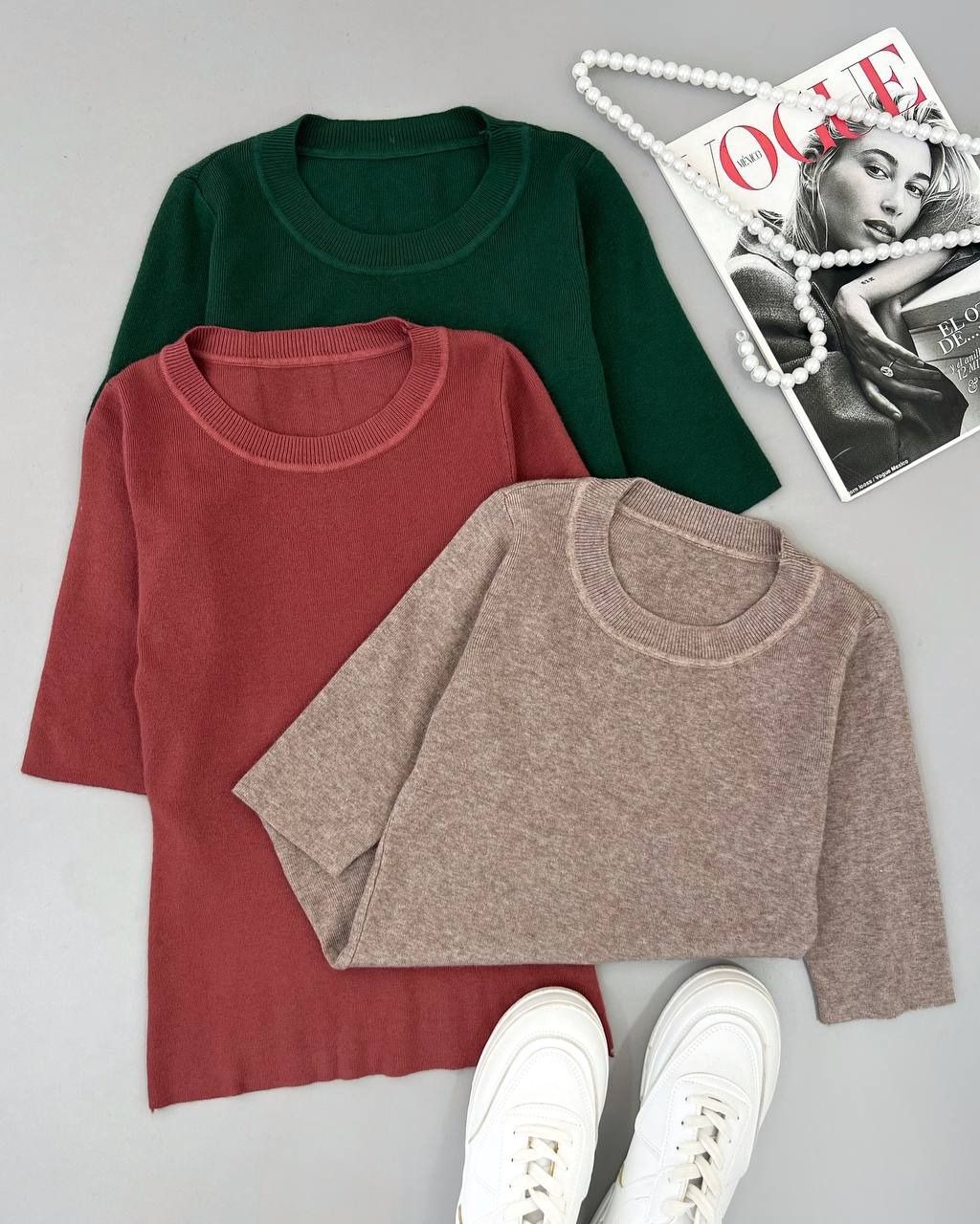 پلیور بافت آستین سه ربع ساده کد 4367