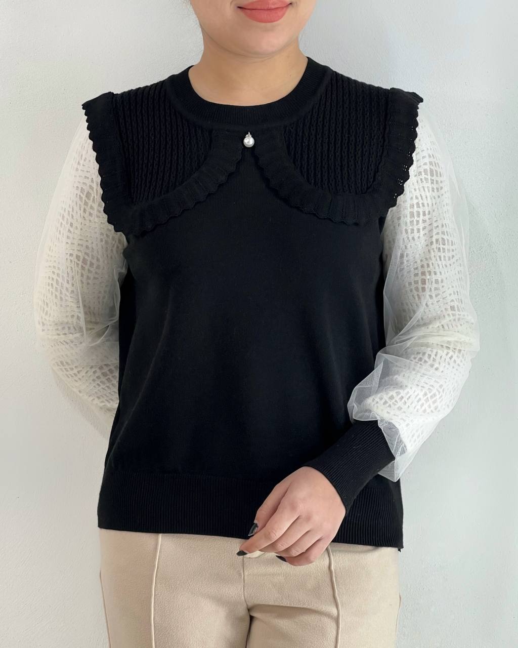 پلیور بافت تک مروارید آستین گیپور کد 4373