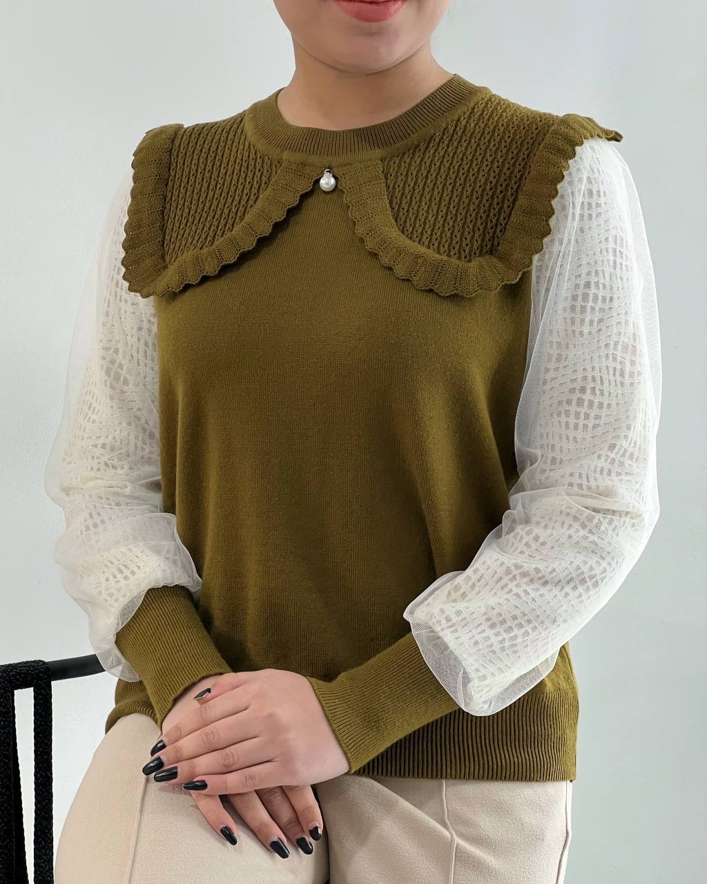 پلیور بافت تک مروارید آستین گیپور کد 4373