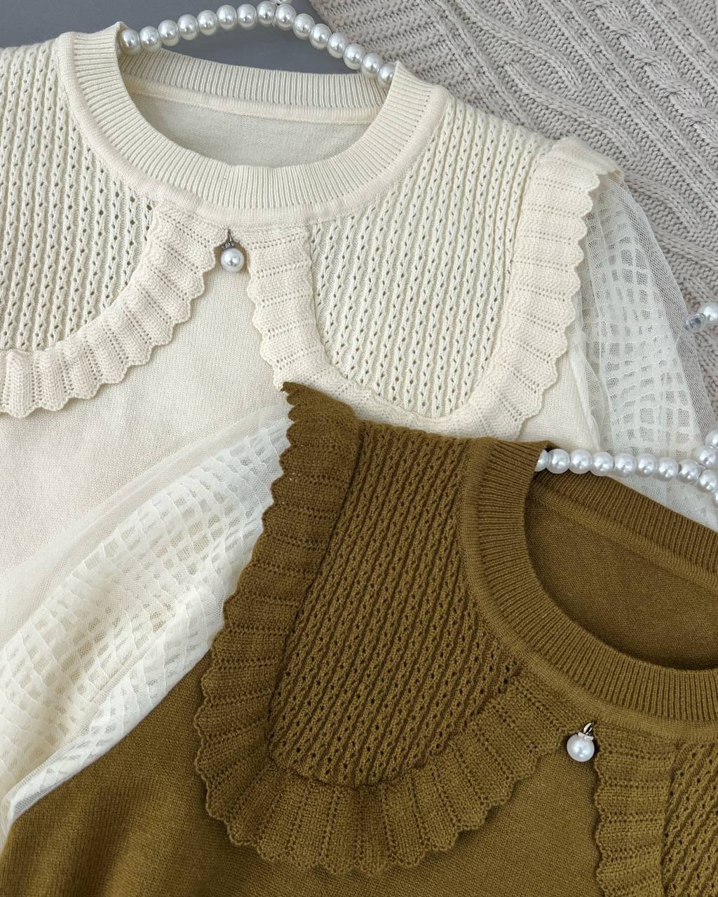 پلیور بافت تک مروارید آستین گیپور کد 4373