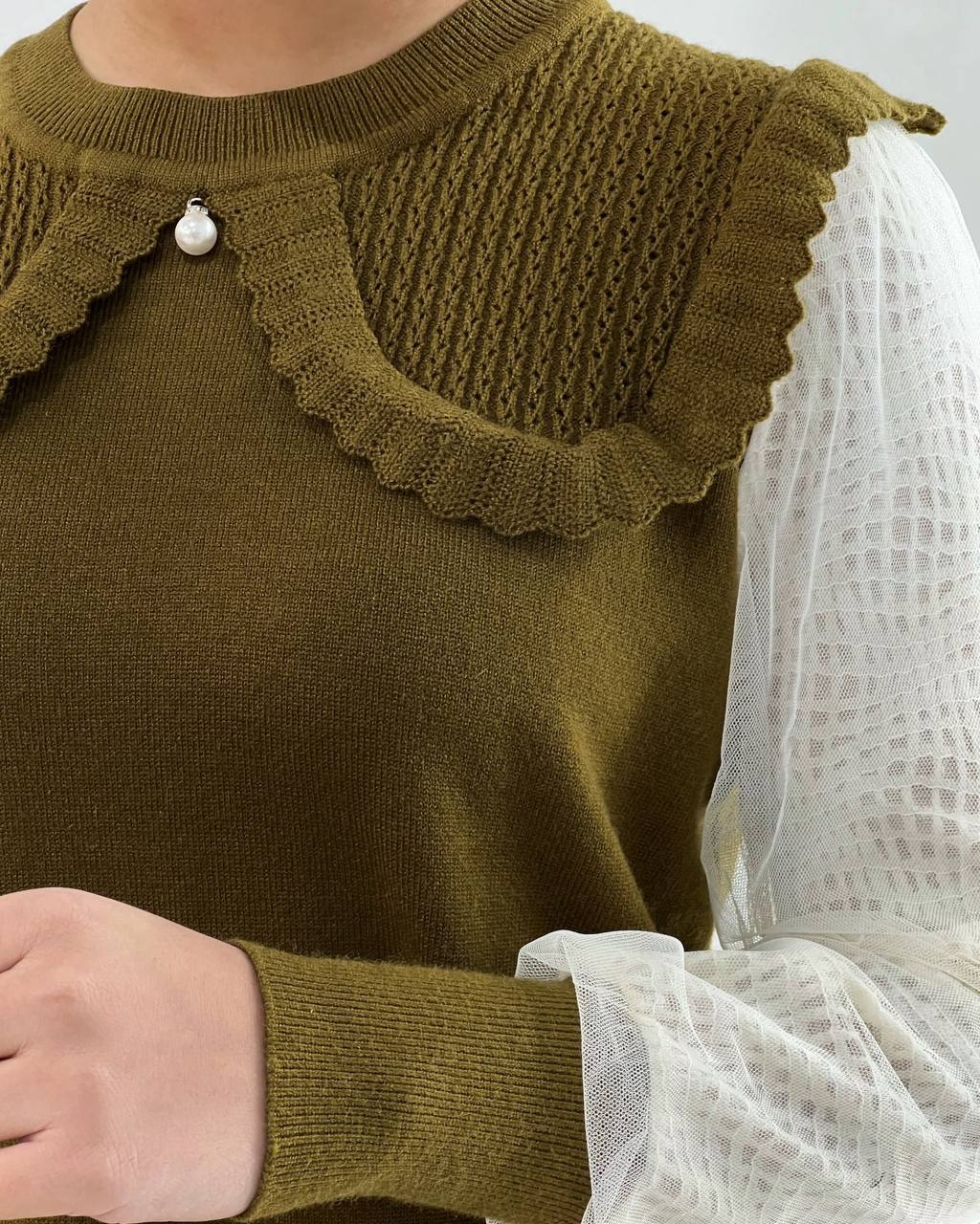 پلیور بافت تک مروارید آستین گیپور کد 4373