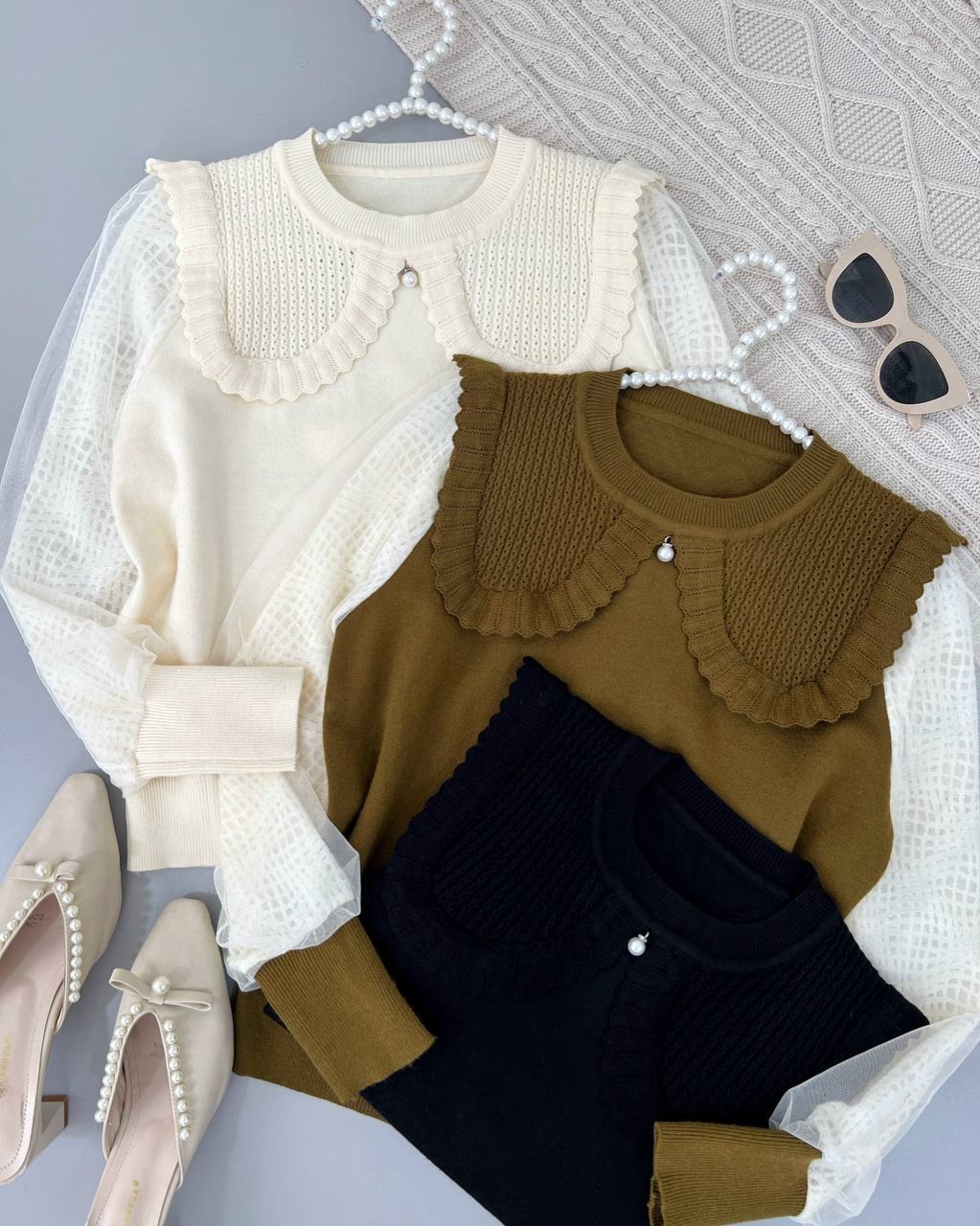 پلیور بافت تک مروارید آستین گیپور کد 4373