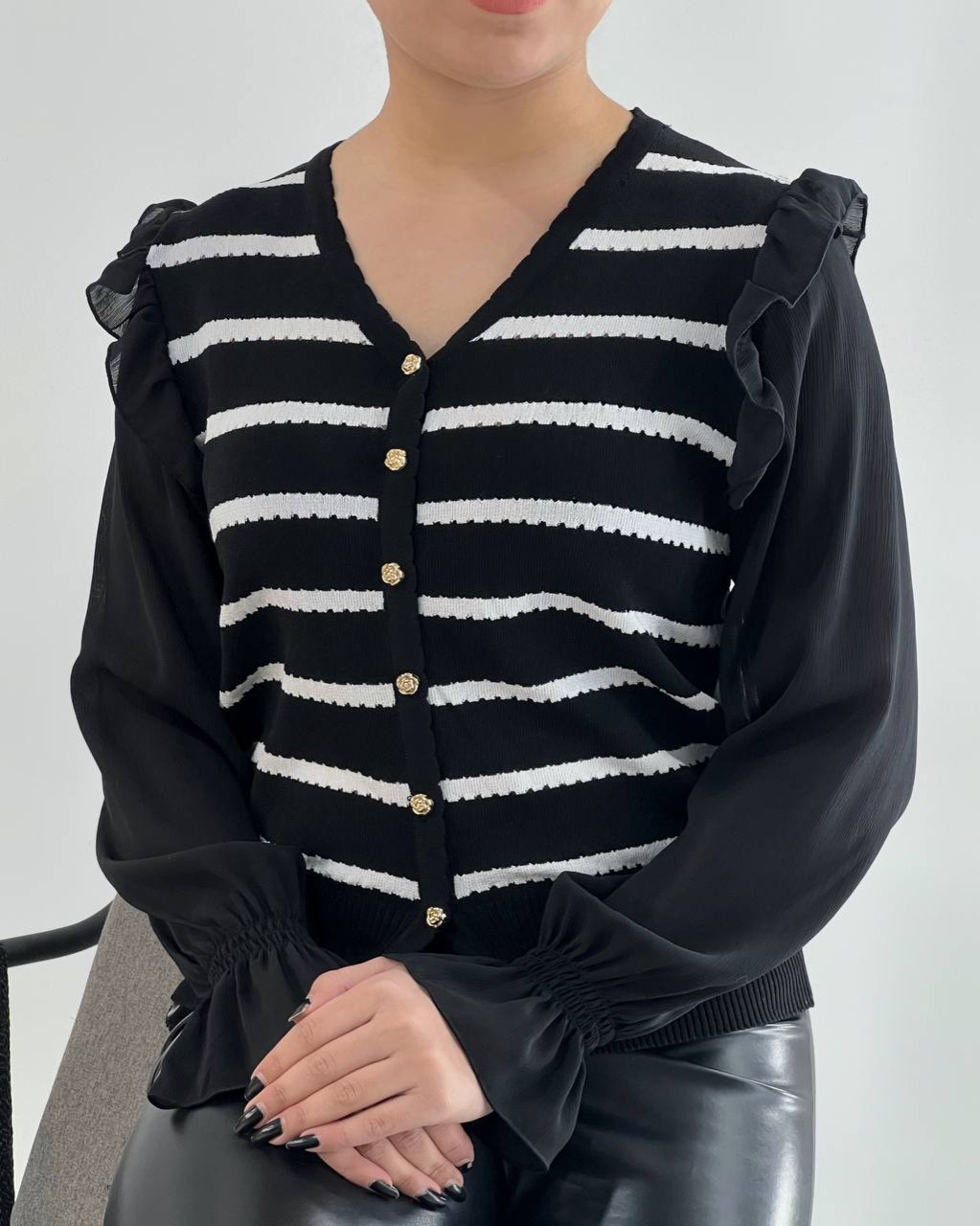 ژاکت بافت راه راه آستین حریر کد 4378