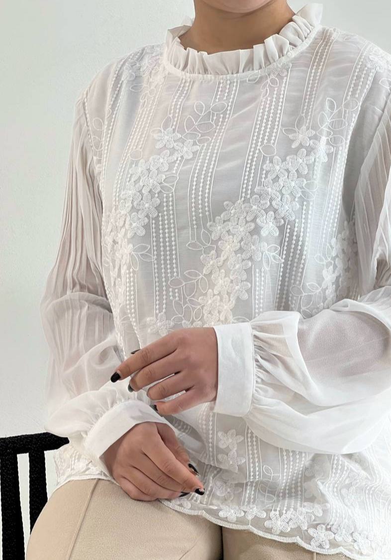 شومیز تمام گلدوزی آستین پلیسه کد 4382