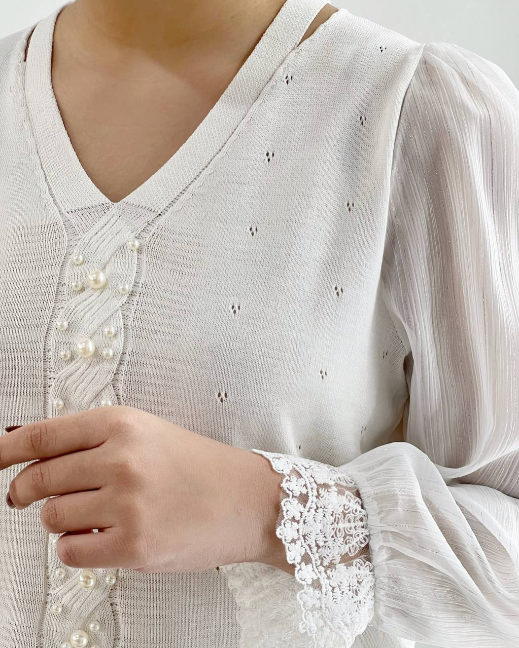 پلیور بافت سر استین دانتل مروارید کد 4384