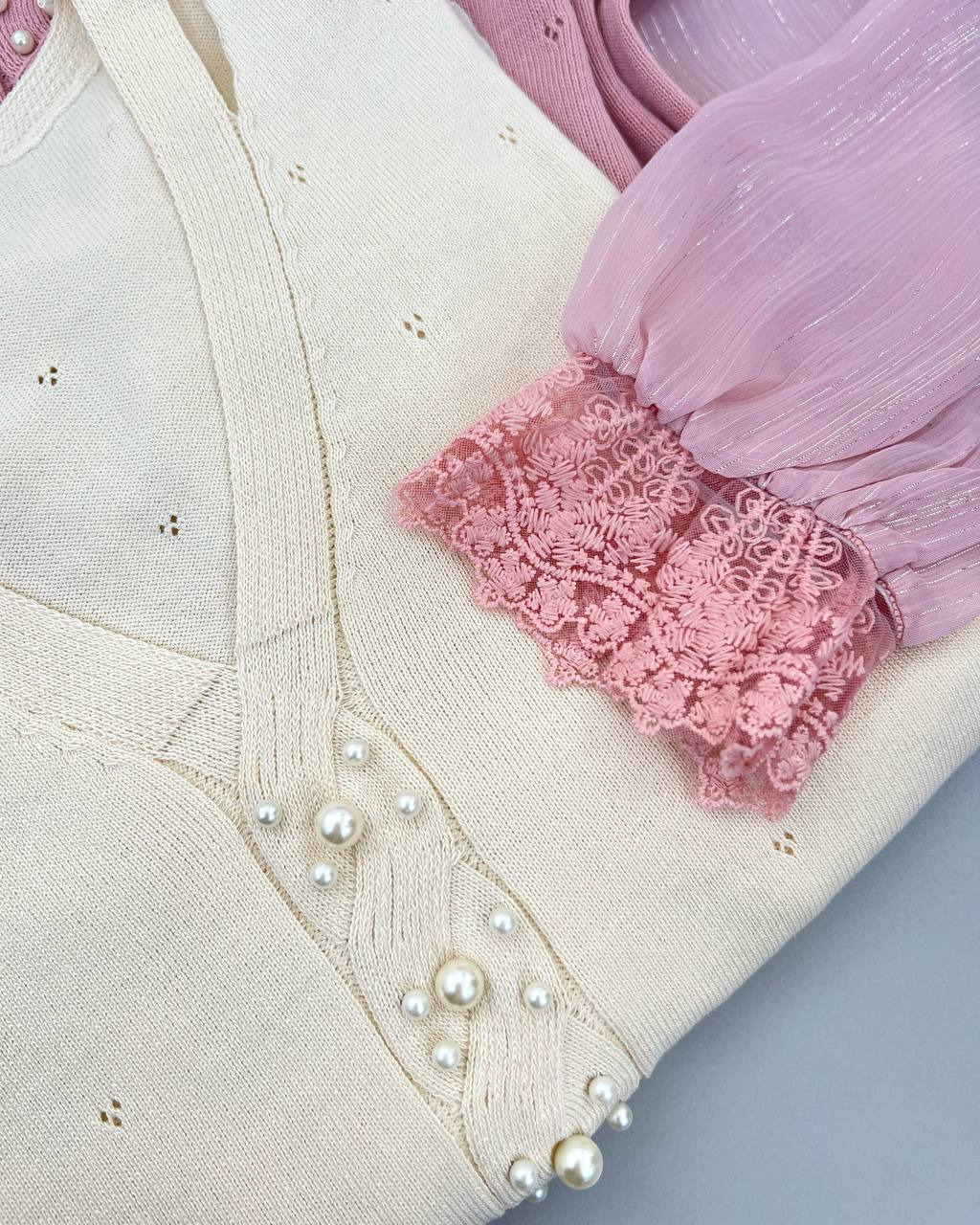 پلیور بافت سر استین دانتل مروارید کد 4384