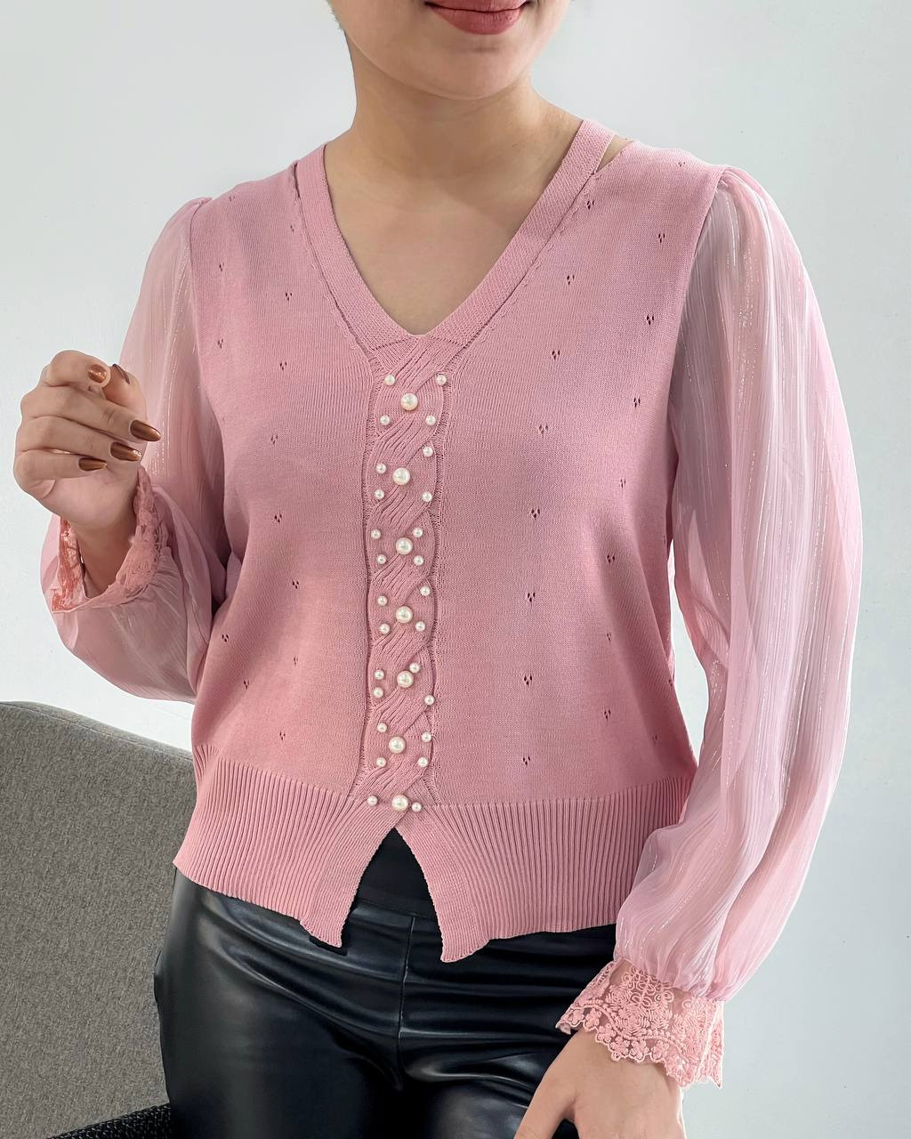 پلیور بافت سر استین دانتل مروارید کد 4384