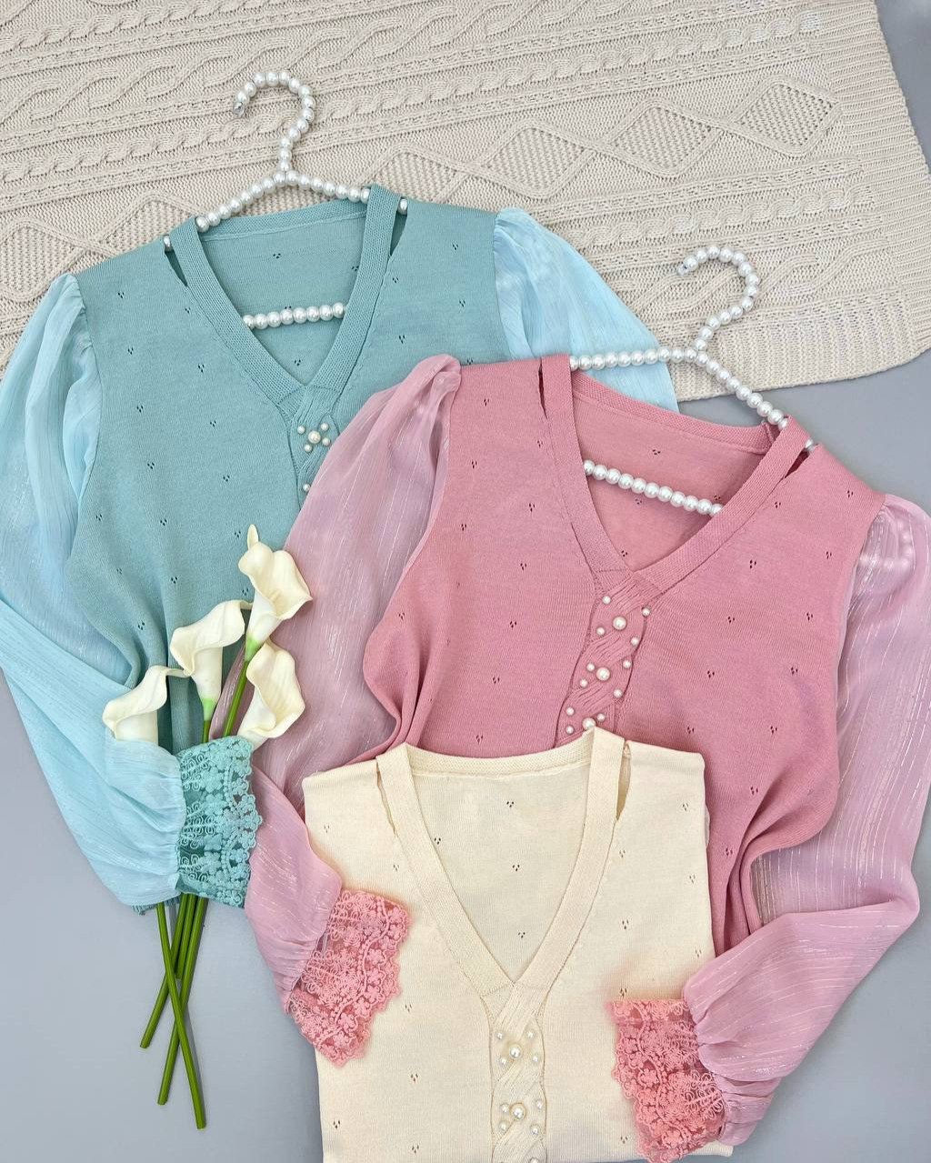 پلیور بافت سر استین دانتل مروارید کد 4384