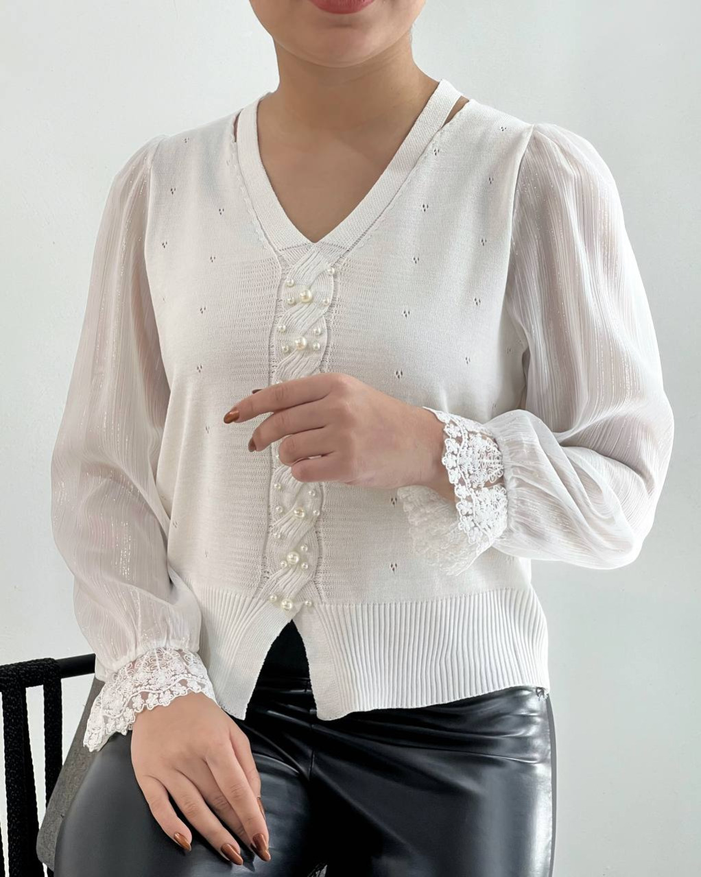 پلیور بافت سر استین دانتل مروارید کد 4384