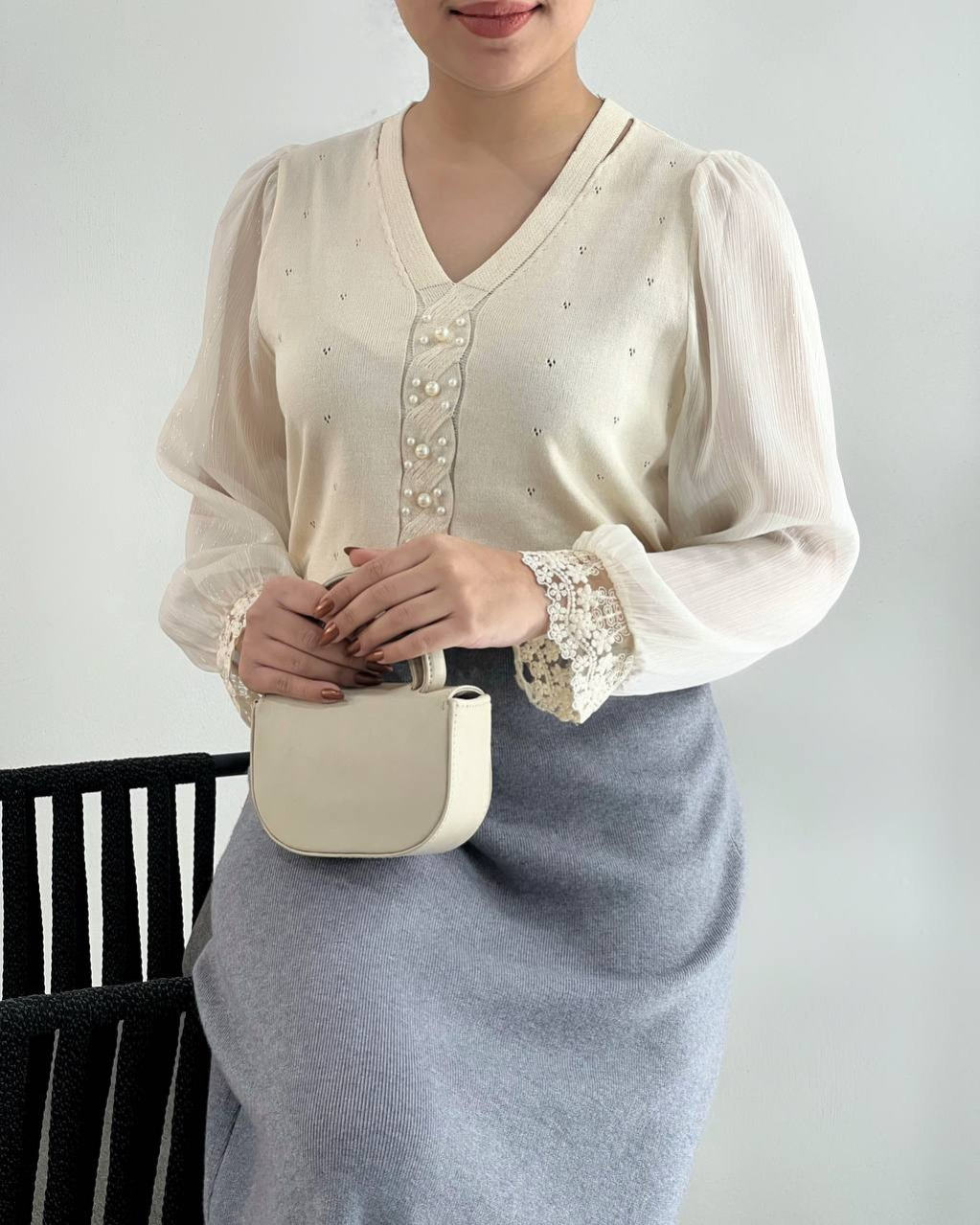 پلیور بافت سر استین دانتل مروارید کد 4384