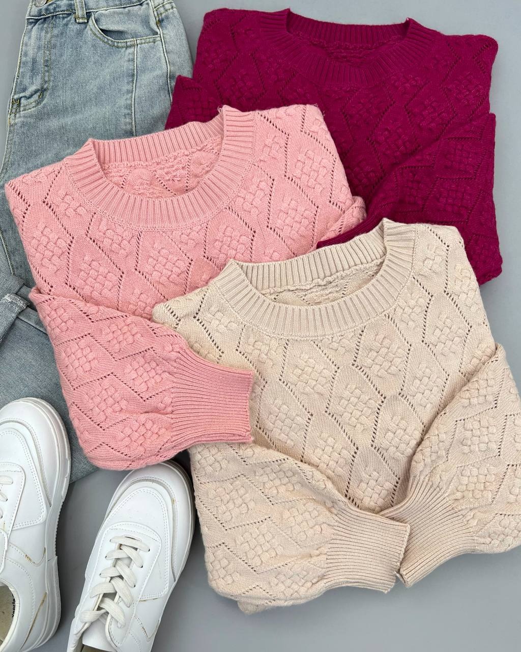 پلیور بافت سه رنگ گل برجسته کد 4400