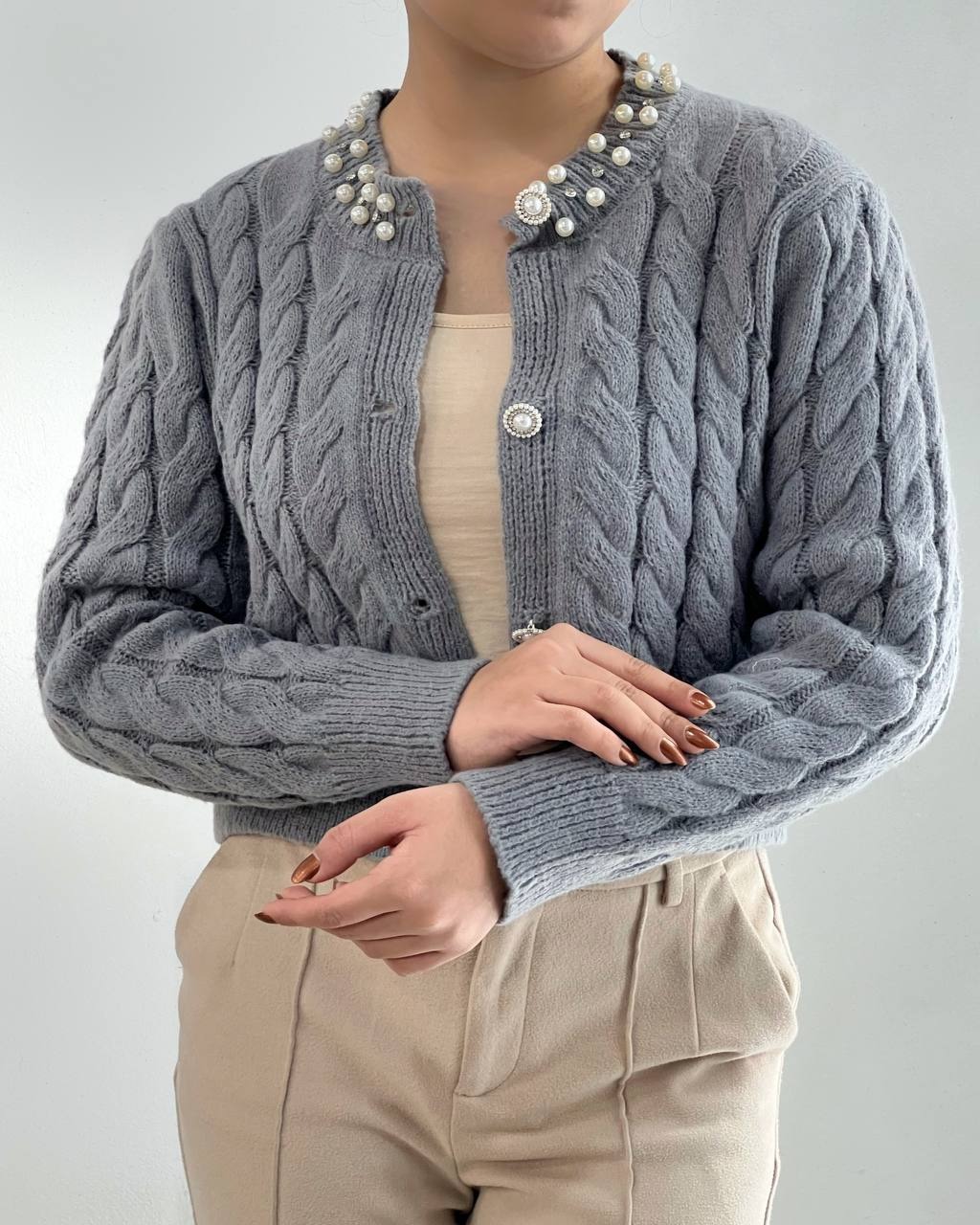 ژاکت بافت یقه مروارید جلو دکمه کد 4402