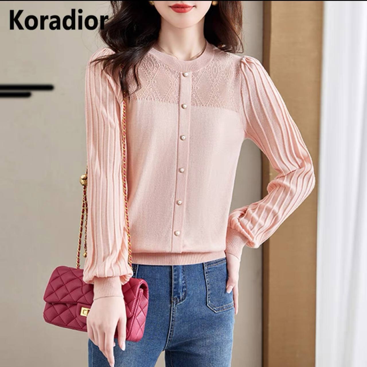 پلیور بافت آستین پلیسه چهار رنگ کد 4405