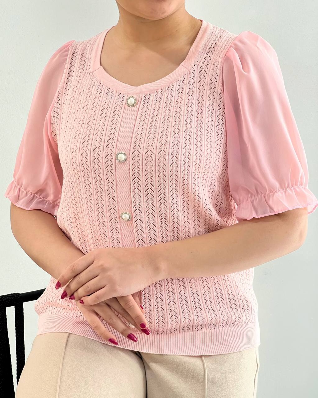 بلوز بافت آستین حریر کد 4418