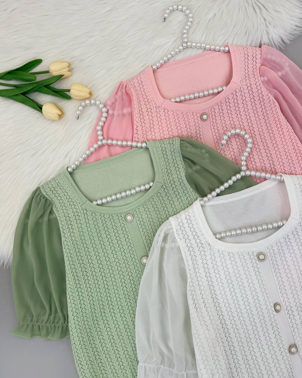 بلوز بافت آستین حریر کد 4418