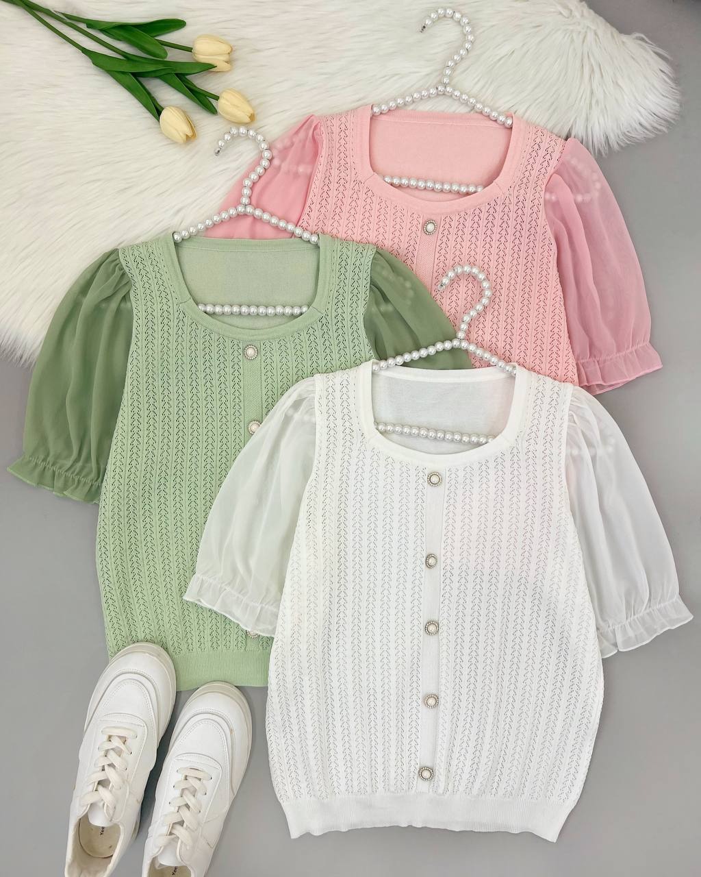 بلوز بافت آستین حریر کد 4418