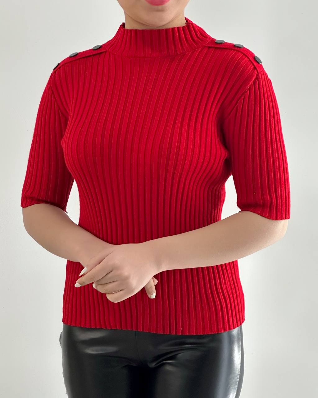 بلوز بافت آستین سه ربع قرمز کد 4450