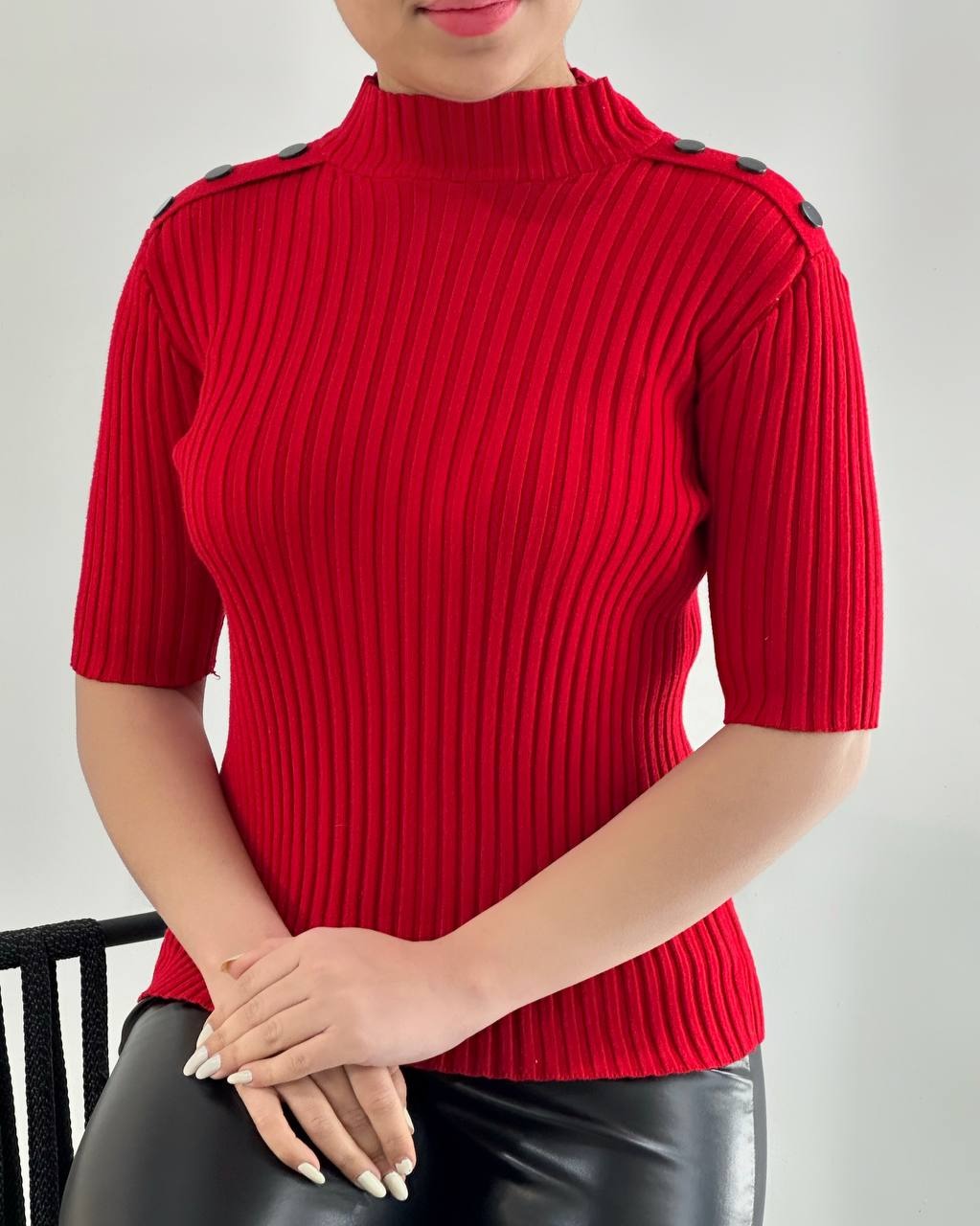 بلوز بافت آستین سه ربع قرمز کد 4450