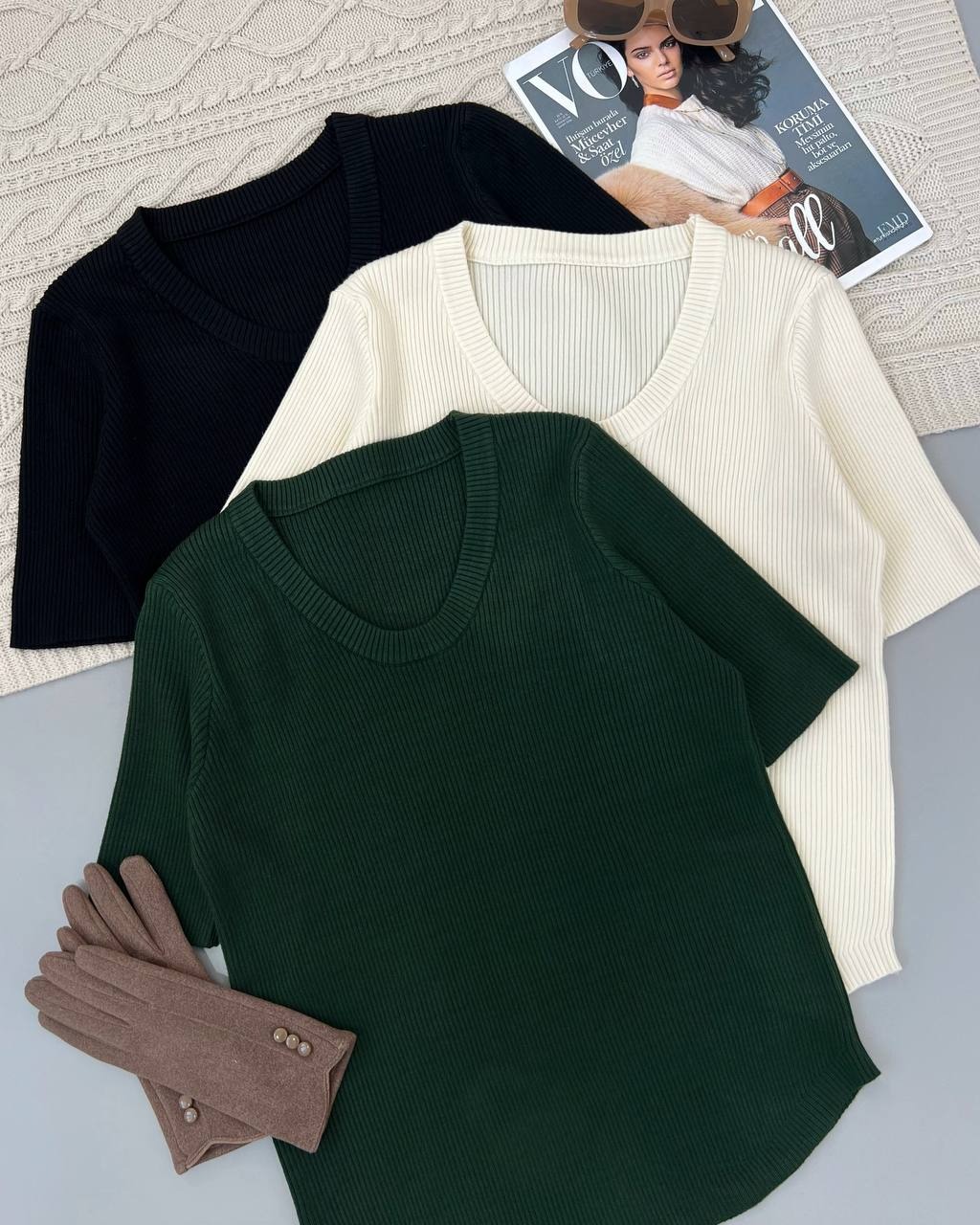 بلوز بافت آستین سه ربع یقه گرد کد 4452