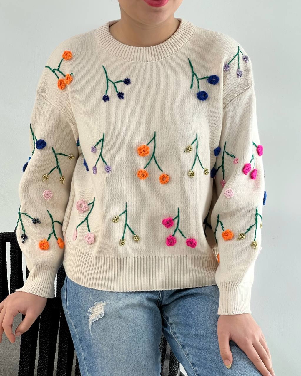 پلیور بافت گل برجسته مهره دوزی کد 4473