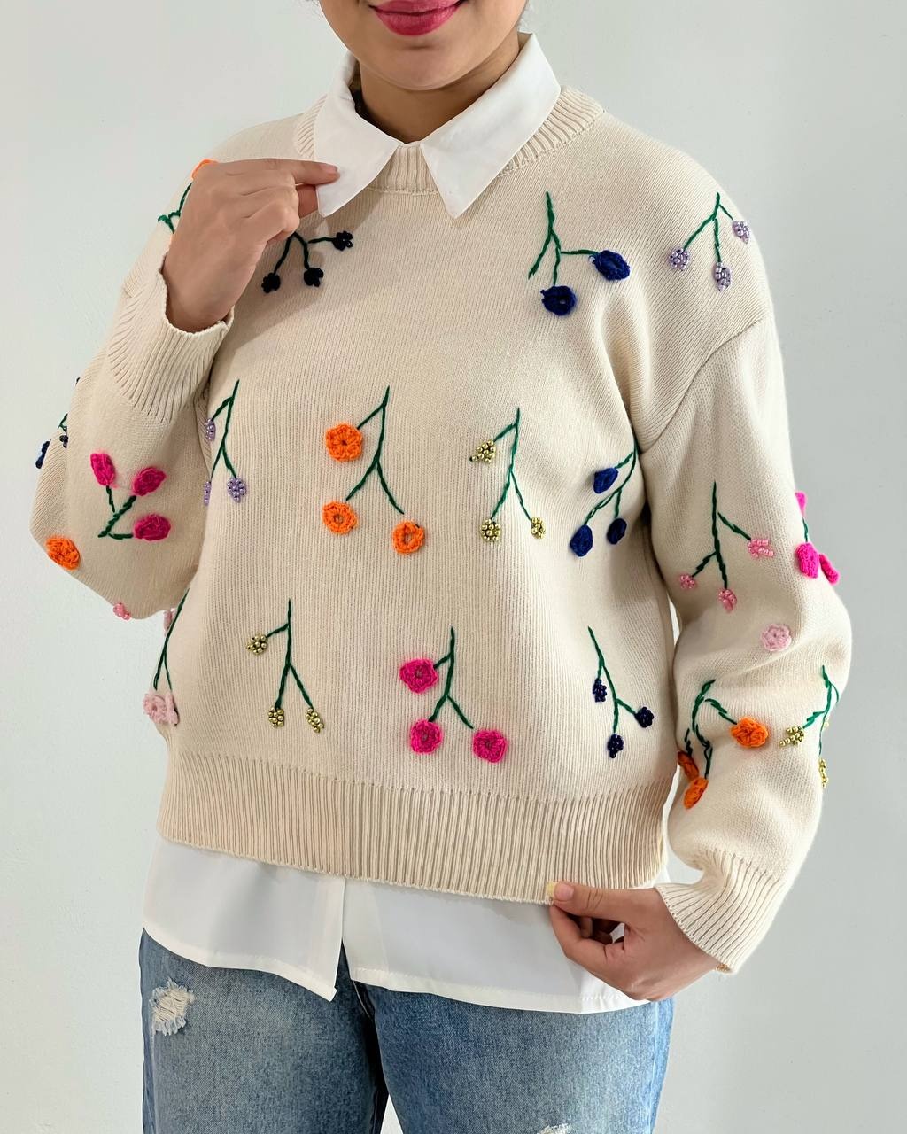 پلیور بافت گل برجسته مهره دوزی کد 4473