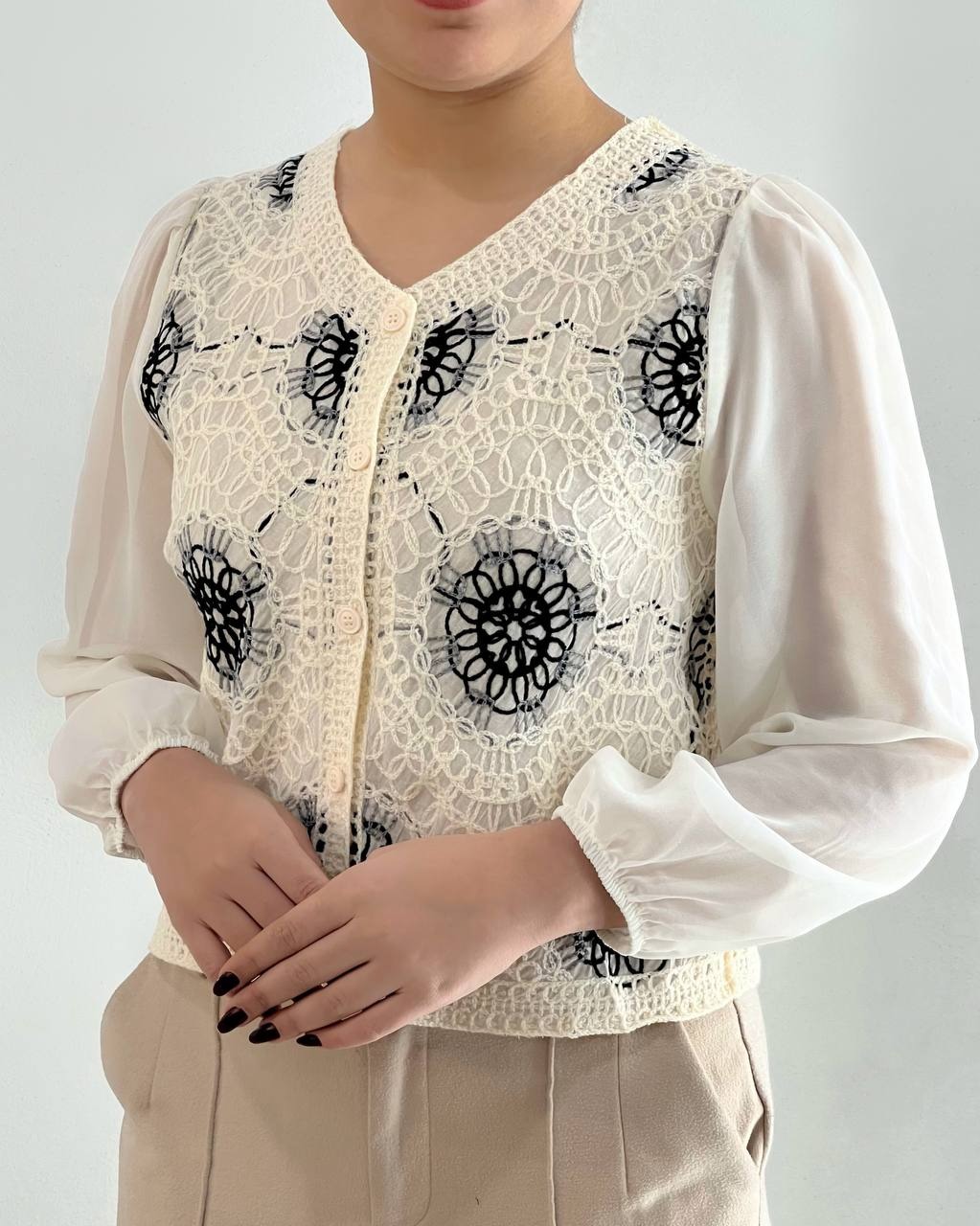 شومیز قلاب بافی دو رنگ کد 4491