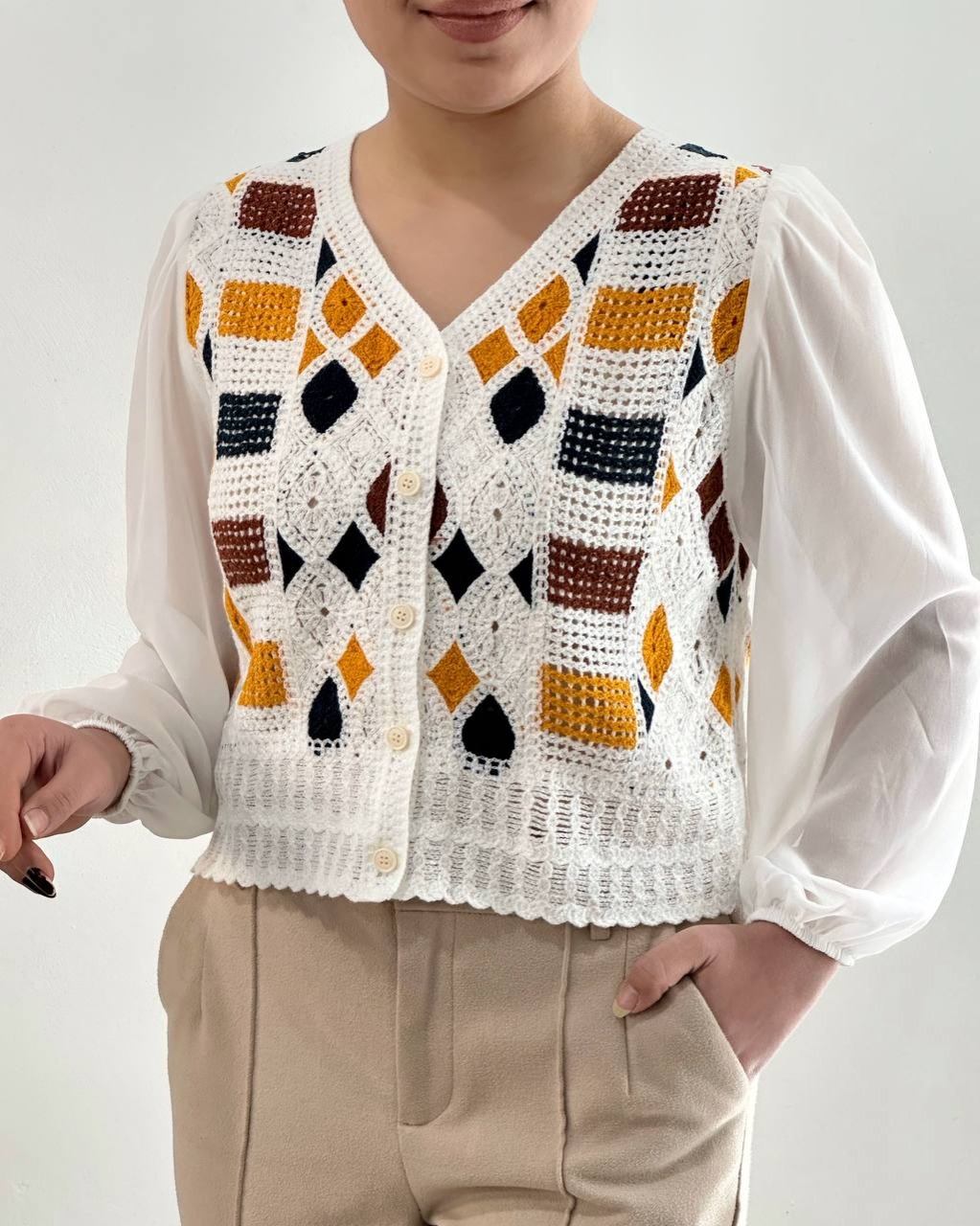 شومیز قلاب بافی آستین حریر کد 4500