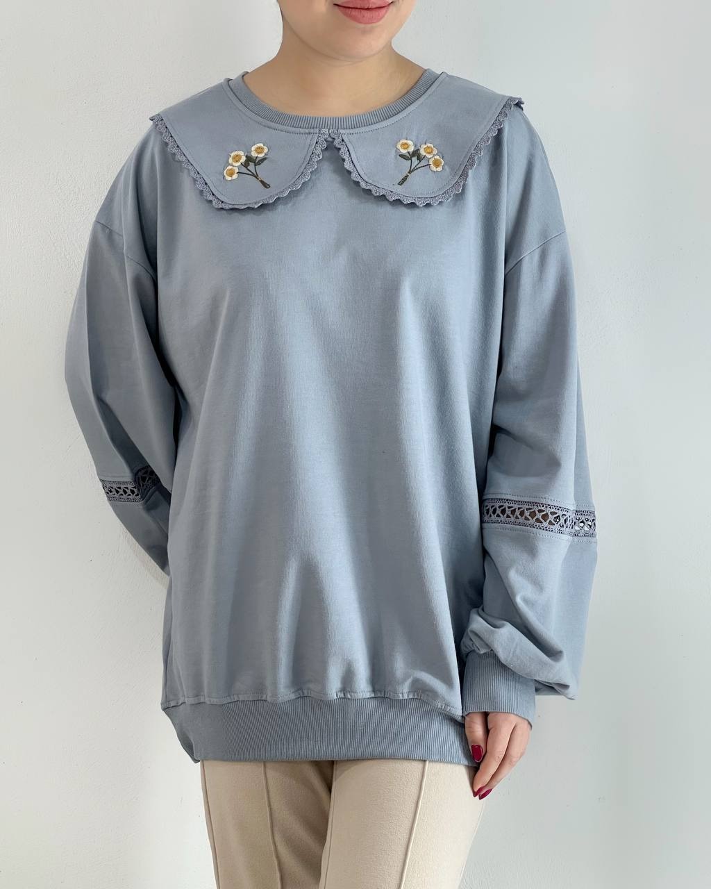 بلوز بهاره یقه ب ب قواره دار کد 4587