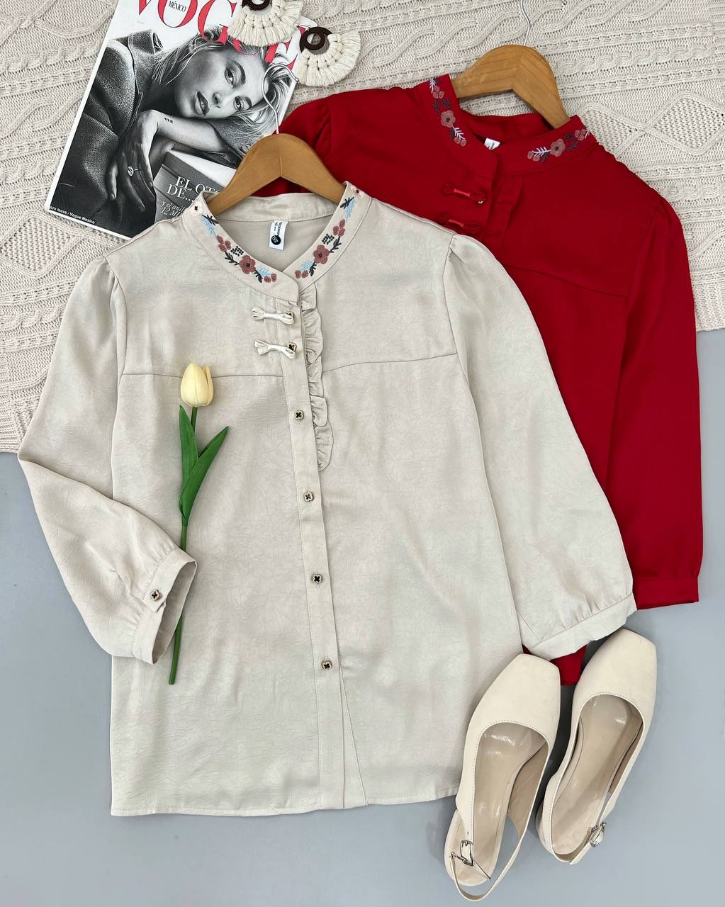 شومیز یقه گلدوزی جلو دکمه کد 4624