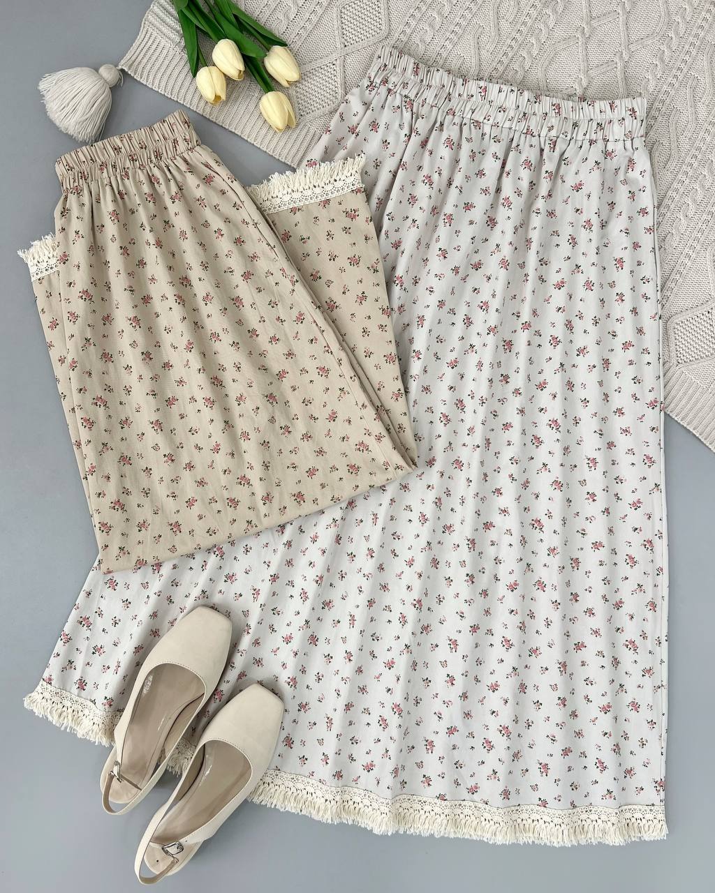 دامن کتان گل ریز پایین ریش کد 4649