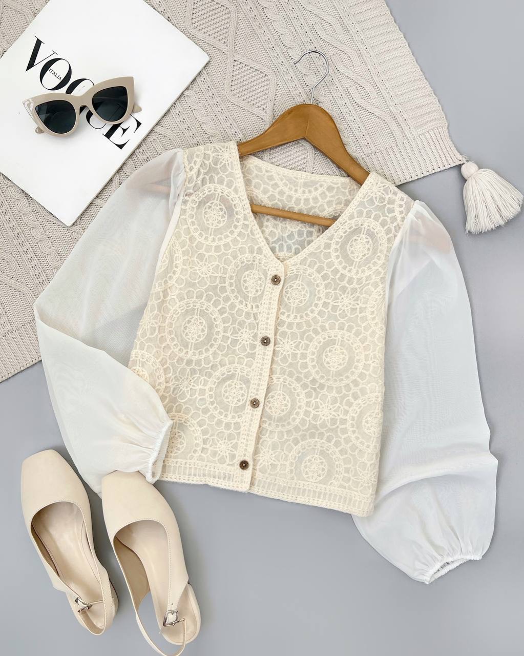 شومیز قلاب بافی استین حریر کد 4659