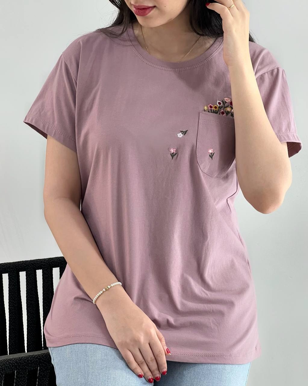 تیشرت نخ و پنبه جیب گلدوزی کد 4661