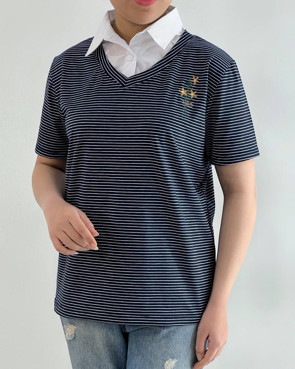 تیشرت یقه راه راه گلدوزی کد 4693