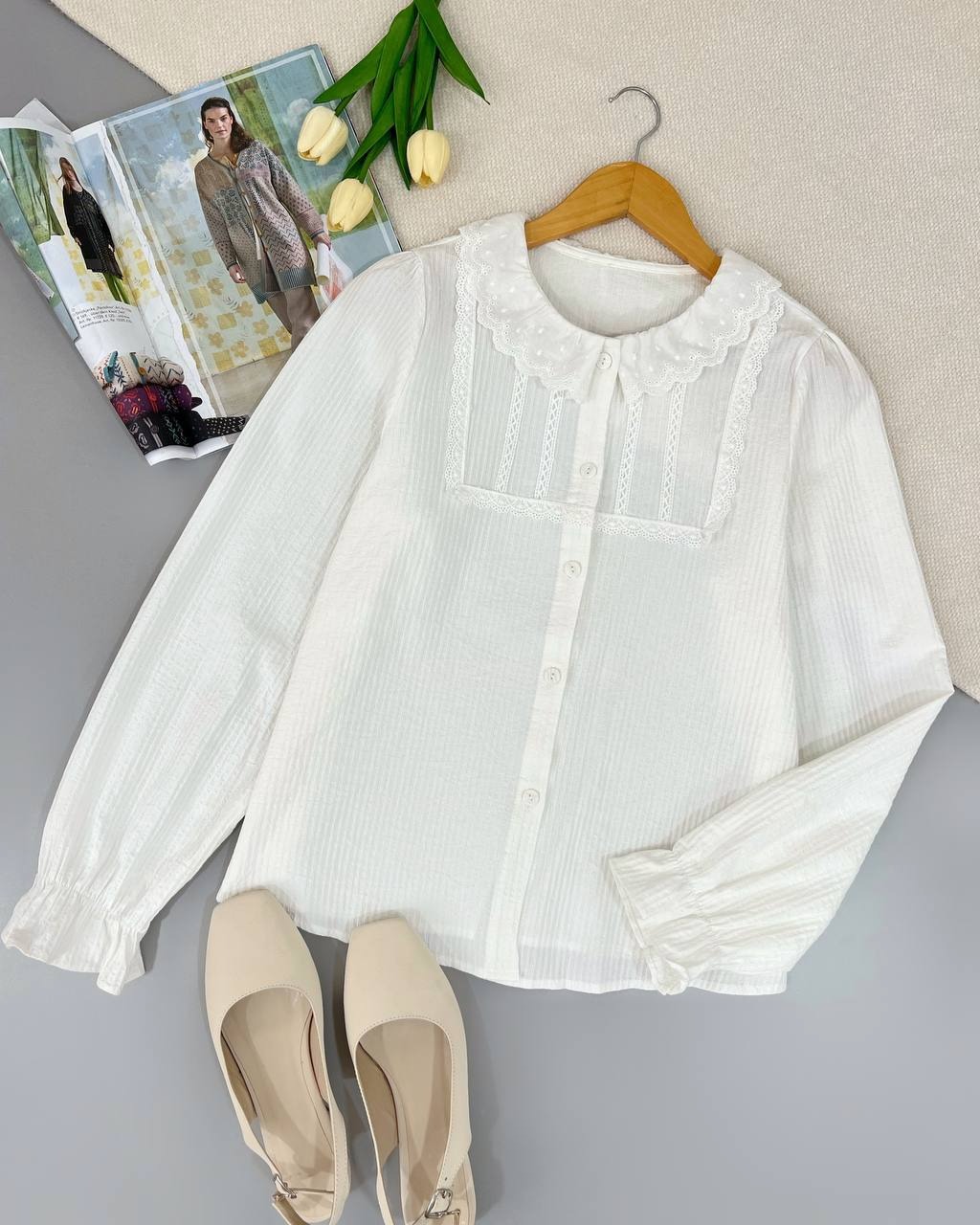 شومیز جلو دکمه با نوارای خامه دوزی کد 4714