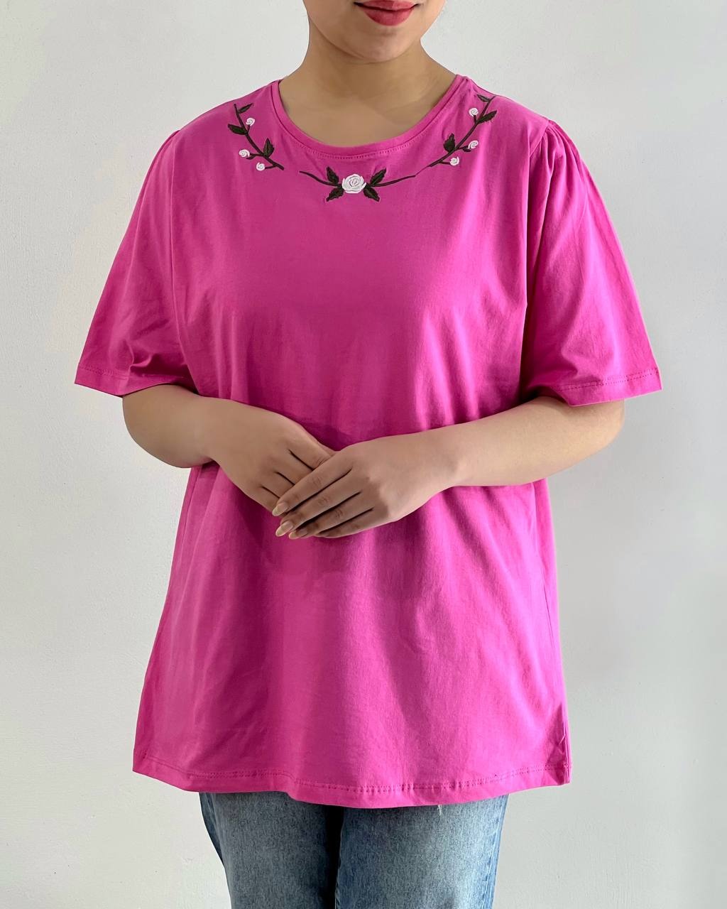 تیشرت ساده سرشانه چین گلدوزی کد 4743